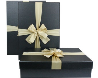 Rigid Gift Box with Lid, Brown Interior and Bow Decorative Ribbon, Set of 3, 33.5 x 25 x 10 cm, 31.5 x 23 x 8.5 cm, 29.5 x 21 x 7 cm