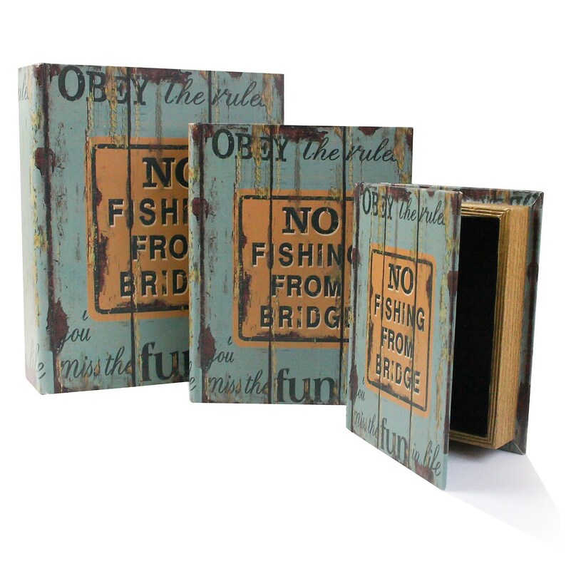 May include: Three decorative boxes with a rustic wooden design. Each box has a sign that says "Obey the rule" and "No fishing from bridge".