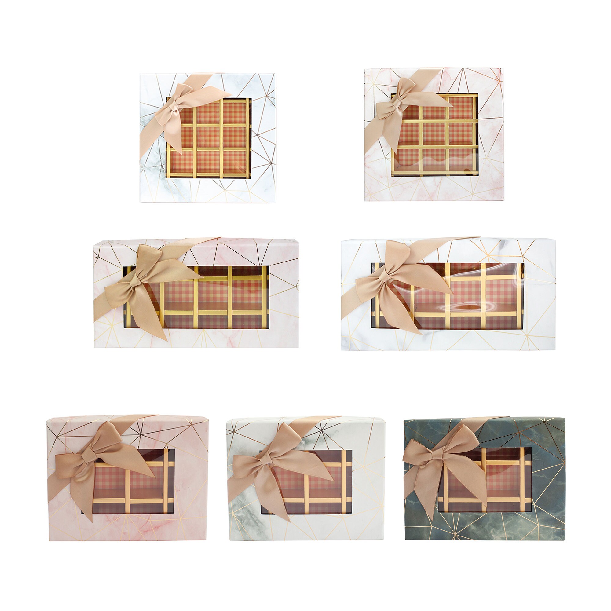 Caja de regalo rígida de lujo con compartimentos para bombones Emartbuy, con estampado de mármol, tapa con ventana, división interior extraíble y lazo de satén beige