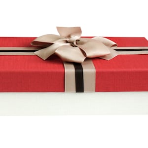 Cream Box with Red Lid , Striped Decorative Ribbon with Shredded Paper