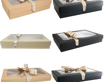 Pack of 36 Rectangle Shaped Presentation Gift Box, Black, Brown, & White Kraft Box with Clear Lid and Satin Ribbon