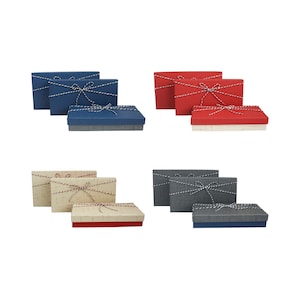 Set of 3 Rigid Luxury Rectangle Shaped Slim Presentation Gift Box, Textured Box with Lid, Chequered Interior and Striped Decorative Ribbon