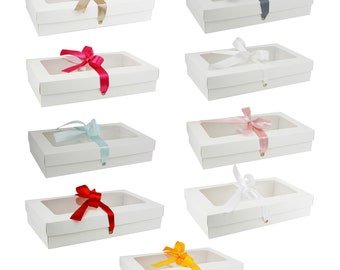 Pack of 12 Rectangle Shaped Presentation Gift Box, Easy Assembly, White Kraft Box with Clear Lid and Satin Ribbon