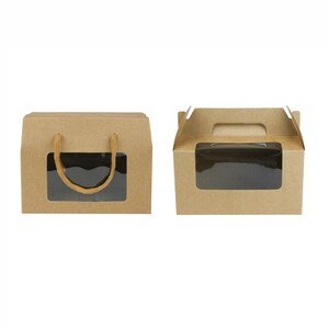Caja de regalo cuadrada de papel resistente, caja de cartón kraft marrón con forma de gable para cupcakes, galletas, muffins y tartas, con ventana transparente y asa de transporte - Paquete de 12