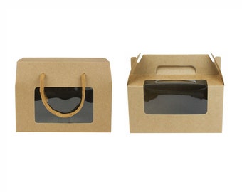Strong Paper Square Gift Box Bag, Brown Gable Kraft Bag Box Cupcakes Cookies Muffin Pie Box with Clear Window & Carry Handle - Pack of 12