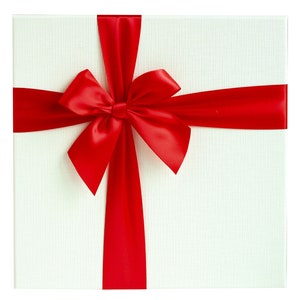 Rigid Gift Boxes, Textured Red Box with White Lid, Red Satin Decorative Ribbon and Shredded Paper