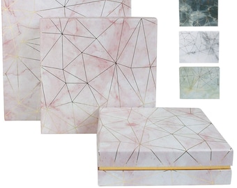 Set of 3 Rigid Square Luxury Presentation Gift Box, Marble Effect with Gold Origami Lines and Pink Chequered Interior