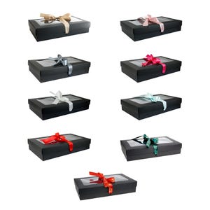 Pack of 12 Black Rectangle Kraft Boxes with Clear Lid, Various Colored Satin Ribbon Gift Boxes for Birthday, Anniversary, Any Celebrations