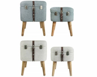 Set of 2 Upholstered Linen Square Foot Rest Footstool Ottoman Pouffe Storage Chair Multifunctional Sitting Cushion With 4 Wooden Legs