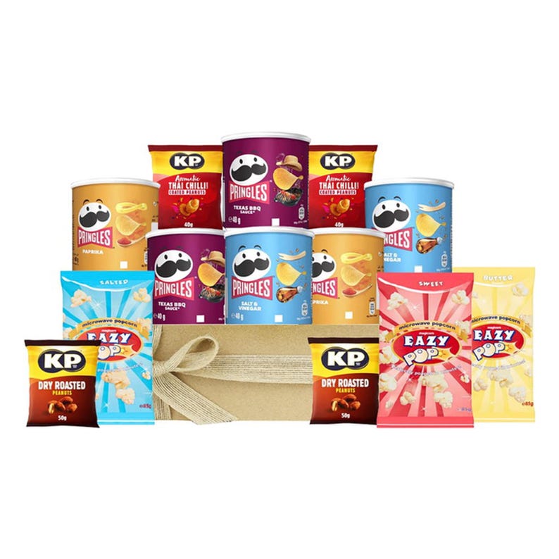 May include: A gift basket filled with various snacks, including Pringles potato chips in different flavors, Eazy Pop microwave popcorn in salted and sweet flavors, and KP Dry Roasted Peanuts. The basket is decorated with a brown ribbon.
