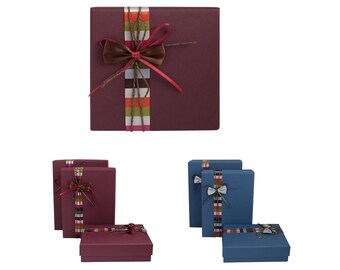 Rigid Luxury Rectangle Shaped Presentation Gift Box, Textured Box with Lid, Printed Interior and Multicolored Stripes Decorative Ribbon