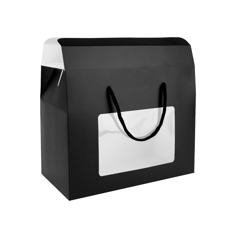 May include: Black gift bag with a window and black handles. The bag is made of cardboard and has a white interior.