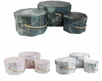 Juego de 3 cajas de regalo rígidas de lujo con forma de octágono, estampado de mármol con líneas doradas de origami, interior a cuadros y asa de transporte dorada