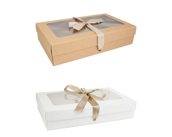 Kraft Gift Boxes with Clear Lid & Satin Ribbon - Pack of 12