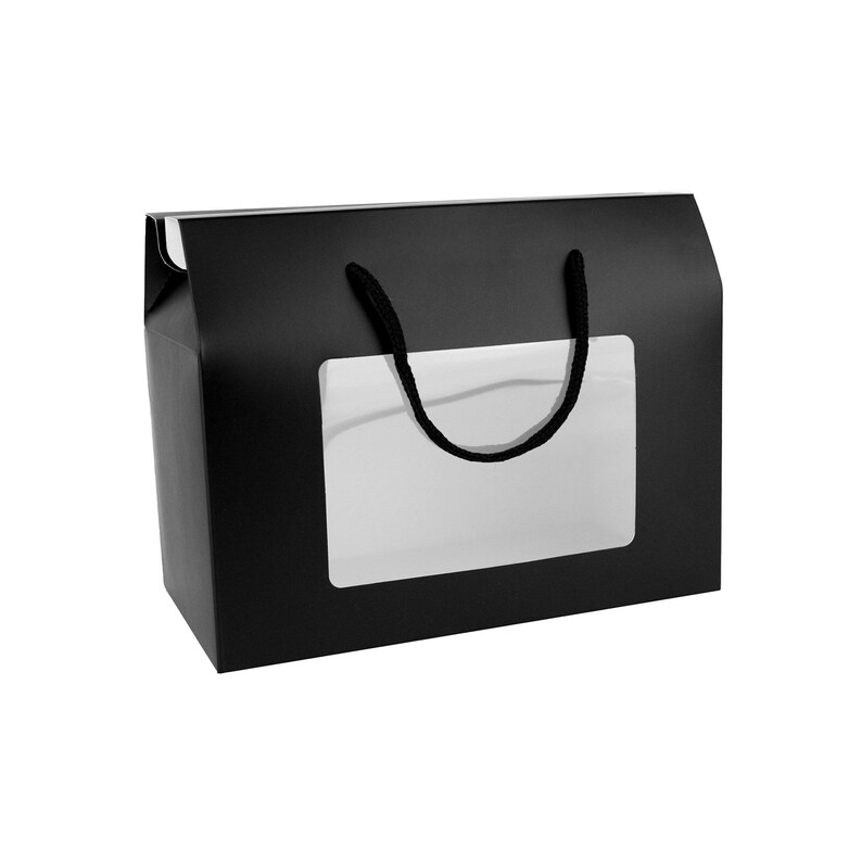 May include: Black gift box with a clear window and black rope handles. The box is made of cardboard and has a rectangular shape.