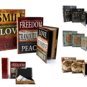 May include: Set of decorative book-shaped boxes with hidden compartments. The boxes feature various designs and quotes, including "Smile", "Love", "Eternity", "Freedom", "Tranquility", "Peace", "Love", "Sunshine", "Family", "Live", "Watch", "Love", "No Fishing From Bridge", and a world map.