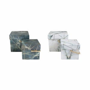 Set of 2 Rigid Luxury Square Shaped Presentation Box, Marble Print with Gold Origami Lines, Chequered Interior and Golden Carry Handle