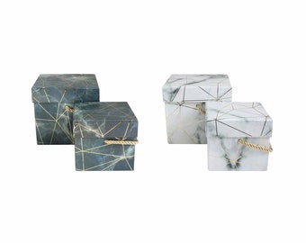 Set of 2 Rigid Luxury Square Shaped Presentation Box, Marble Print with Gold Origami Lines, Chequered Interior and Golden Carry Handle