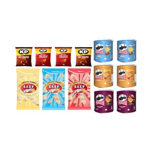 May include: Assortment of snack foods including four bags of microwave popcorn, two cans of Pringles potato chips, and four bags of peanuts. The popcorn bags are labeled "Eazy Pop" in yellow, blue, and red. The Pringles cans are labeled "Pringles" in orange, yellow, and purple. The peanut bags are labeled "KP" in red, yellow, and blue.