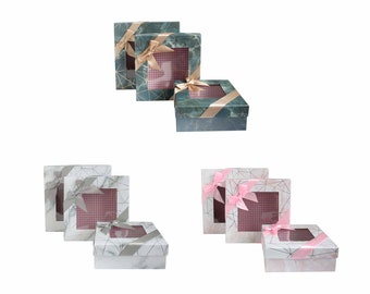 Juego de 3 cajas de regalo de presentación de lujo cuadradas rígidas, efecto mármol con líneas doradas de origami, interior a cuadros, parte superior transparente y lazo de satén