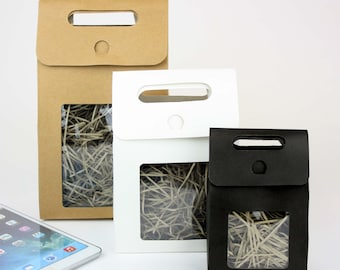 Strong Paper Stand Up Gift Bag, Brown, White and Black Kraft Bag Candy Cookies Box with Clear Window Pack of 12, 24 and 96