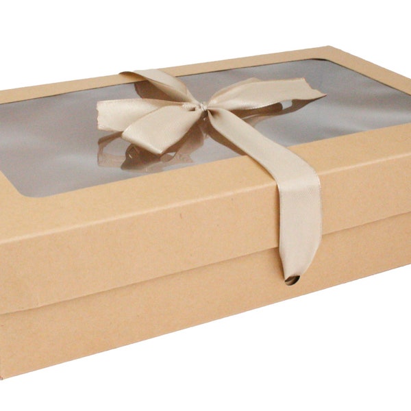 Pack of 12 Rectangle Shaped Presentation Gift Box, 35 cm x 25 cm x 6 cm, White Kraft Box with Clear Lid and Satin Ribbon