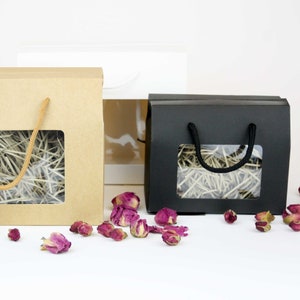 Caja de regalo de papel resistente, de pie, marrón, blanco y negro, bolsa kraft con ventana transparente y asa de transporte, paquete de 12, 24 y 96