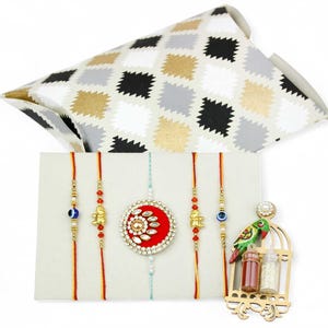 Pack of 5 Raksha Bandhan Rakhi for Brother Bhaiya with Notetag Supplied in a Pillow Box