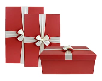 Lot De 3 Boîtes Cadeau Rigides Rectangulaires Avec Couvercle, Intérieur Marron Et Ruban De Satin - France