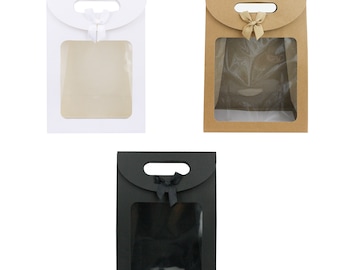 Strong Paper Stand Up Gift Bag, Brown, White and Black Kraft Bag with Clear Window and Bow Pack of 12, 24 & 96