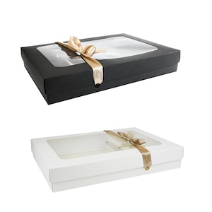 Pack of 12 Rectangle Shaped Presentation Gift Box, Easy Assembly, White and Black Kraft Box with Clear Lid and Satin Ribbon