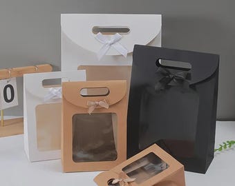 Strong Paper Stand Up Gift Bag, Brown, White and Black Kraft Bag with Clear Window and Bow Pack of 12, 24 & 96