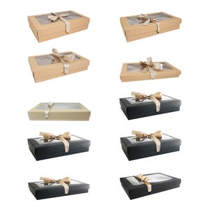 Pack of 12 Brown Rectangle Kraft Boxes with Clear Lid, Various Colored Satin Ribbon Gift Boxes for Birthday, Anniversary, Any Celebrations