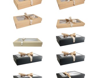 Pack of 12 Brown Rectangle Kraft Boxes with Clear Lid, Various Colored Satin Ribbon Gift Boxes for Birthday, Anniversary, Any Celebrations