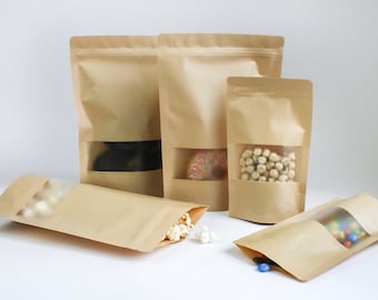 Kraft Gift Box Seal-able Bags with See-Through Window - Pack of 100 Pieces (Sizes Available)