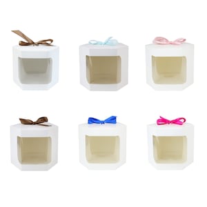 Sacchetto regalo esagonale in carta resistente, sacchetto bianco in carta kraft per cupcake, biscotti, muffin, torte, scatola con finestra trasparente e nastro di raso