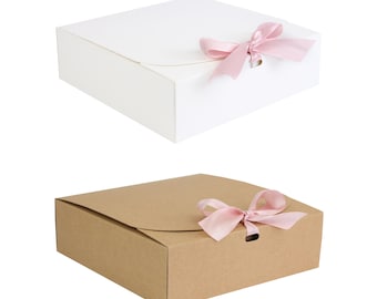 Pack of 12 Square Shaped Presentation Gift Box, Easy Assembly, White and Brown Kraft Box with Bow Ribbon
