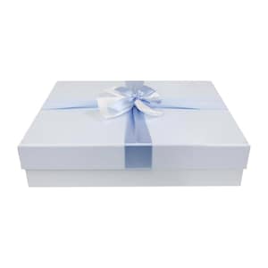 May include: A light blue gift box with a light blue satin ribbon and bow.