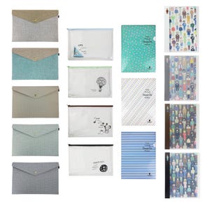 May include: A selection of stationery items, including fabric envelope-style document holders in various colours and patterns, clear zipped pouches with illustrations, and patterned file folders. The file folders have text that reads "Your Future Depends on Today."