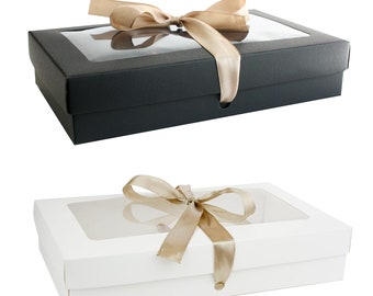 Pack of 12 Rectangle Shaped Presentation Gift Box, Easy Assembly, White and Black Kraft Box with Clear Lid and Satin Ribbon