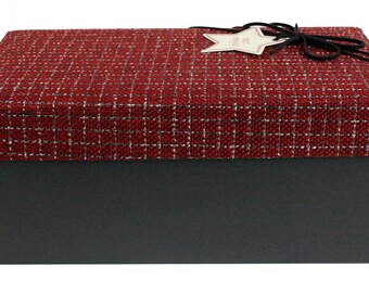 Rigid Gift Boxes, Black Box with Textured Fabric Red Lid,  Suede Decorative Ribbon and Shredded Paper