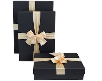 Juego de 3 cajas de regalo de lujo rígidas con forma rectangular, caja negra con tapa, interior impreso y cinta decorativa de satén color crema