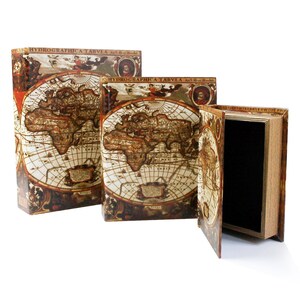 May include: Three decorative boxes with a vintage world map design. The boxes are made of wood and have a hinged lid. The boxes are different sizes and are arranged in a row.
