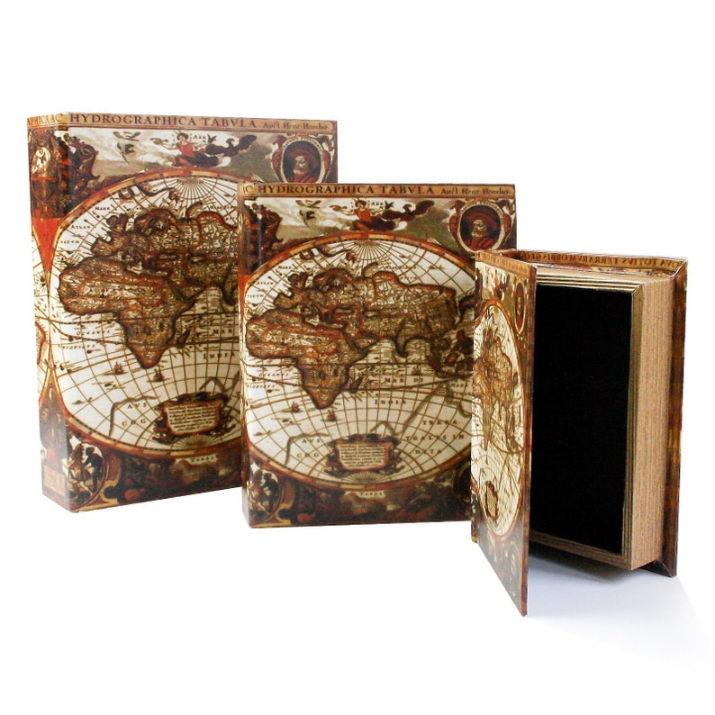 May include: Three decorative boxes with a vintage world map design. The boxes are made of wood and have a hinged lid. The boxes are different sizes and are arranged in a row.
