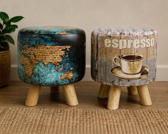 Vintage Round Ottoman Footstool with Wooden Legs – Available in two designs ( Espresso Coffee & World Map)