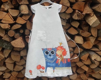 Peasant flax clothing. Baby spring dress. White linen with painted Cat art