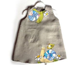 Gray linen dress. Peasant girls flax clothing. Hand painted Snails and Daisies.