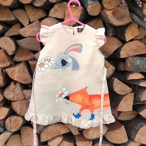 Woodland dress Girls linen dress Cottage core Hand painted Fox & Bunny