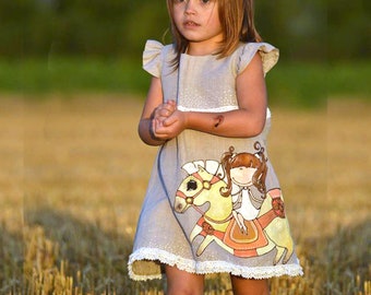 Cottagecore girls linen dress Horse baby linen dress Hand painted