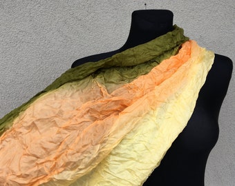 Cottagecore silk scarf hand dyed Green orange yellow